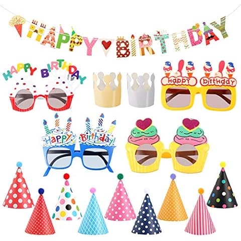 Firtink 16 Stück Geburtstagsfeier Hüte Neuheit Brillen und Banner Dekorationen, Geburtstagsfeier Hüte Schöne Party Kegel Hüte für Kinder und Erwachsene Cover