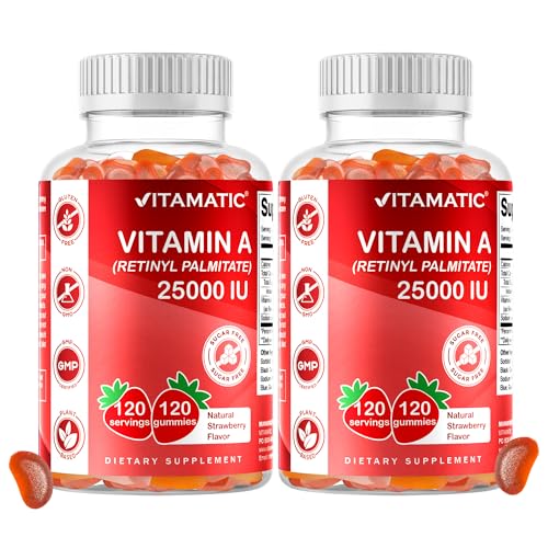 Vitamatic Sugar Free Vitamin A 25000 IU Gummies (Retinyl Palmitate) - Natural Strawberry Flavor -...