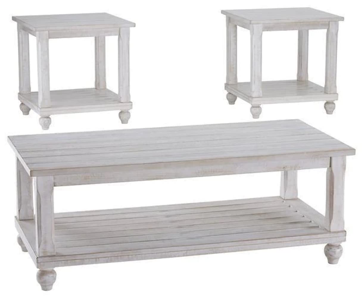 Signature Design by Ashley Cloudhurst Farmhouse 3-Piece Set, Includes 1 Coffee Table and 2 End Tables with Lower Storage Shelf, White with Rustic Finish