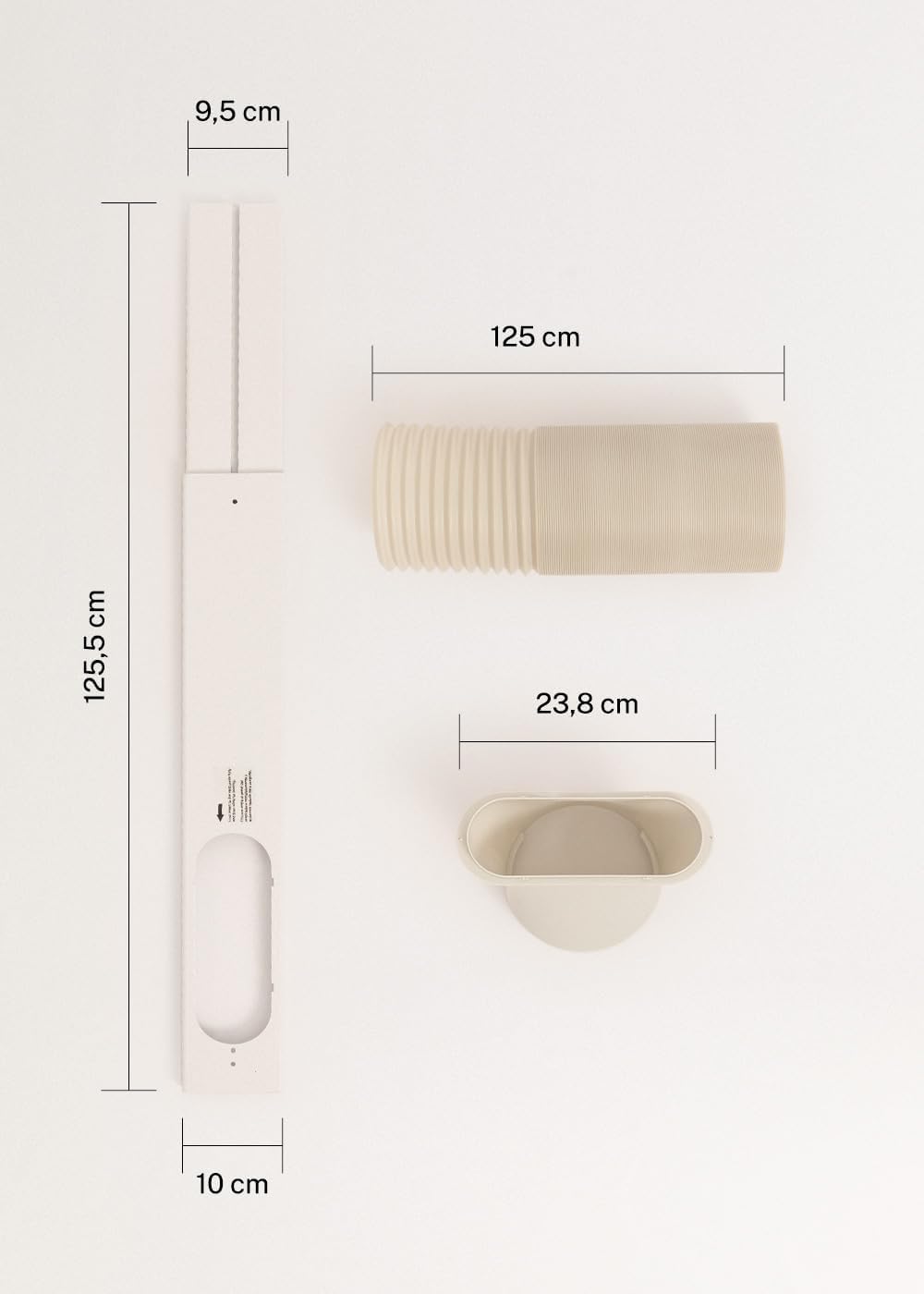 Diagram showing the dimensions of the window sealing kit components and exhaust hose.