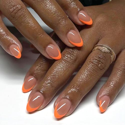 Almond Press on Nails Short Fake Nails Orange French Tip