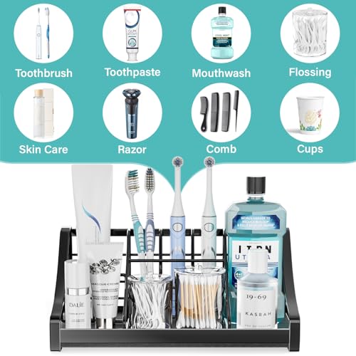 Toothbrush Holder Instant-Dry Organizer - Bathroom Countertop Organizer Kids Electric Toothbrush Toothpaste Holders - 7 Slots Bathroom Sink Accessories Storage Tooth Brush Counter Organization, Black