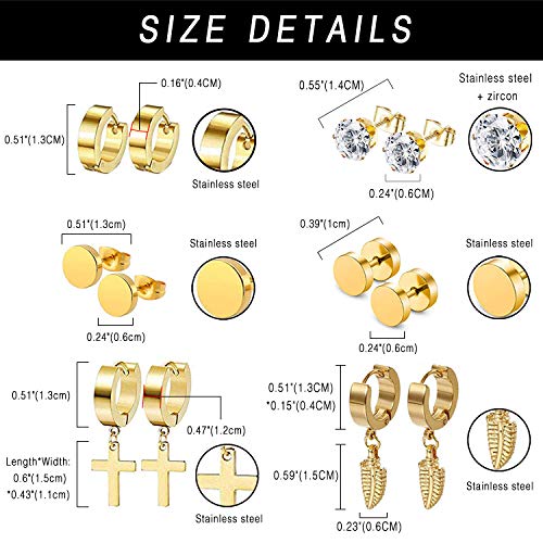 Aroncent 18 Pairs Stud Earrings Cross Dangle Earrings Fake Gauges Earrings Feather Huggie Hoop Earrings For Men Women Stainless Steel Earring Set #TOP3