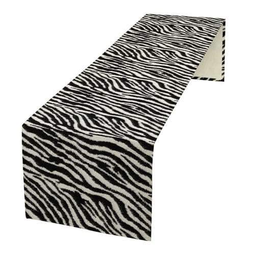 Zebra Print Table Runner, Black White Animals Fur Pattern Table Decor, Cotton Burlap Tablerunner for Dinning Room, Kitchen, Living Room, 13x36in