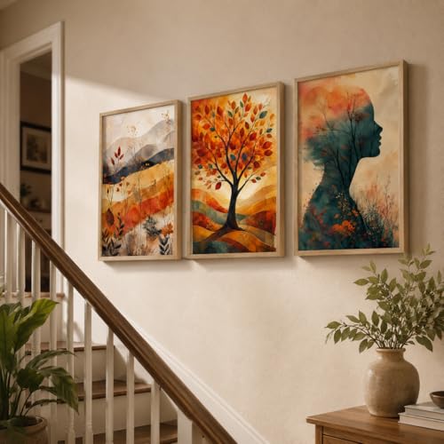 Image of Livin'luxe Set of 3 Abstract Autumn Tree Women Wall Paintings for Living Room Dining Bedroom Decor with Premium Wooden Color Synthetic Frame (25.5 x 19.5 Inch) NM03-89