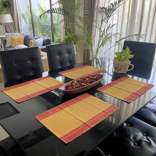 Image of RANGBHAR Handloom Washable Ribbed Cotton Tablemats /Placemats, Set of 4, 12x18, Fade /Heat Resistant, Red Mustard, Striped