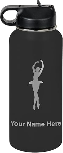 LaserGram Botella de agua con tapa abatible de doble pared de 32 onzas con pajilla, bailarina de ballet, grabado personalizado incluido (negro)
