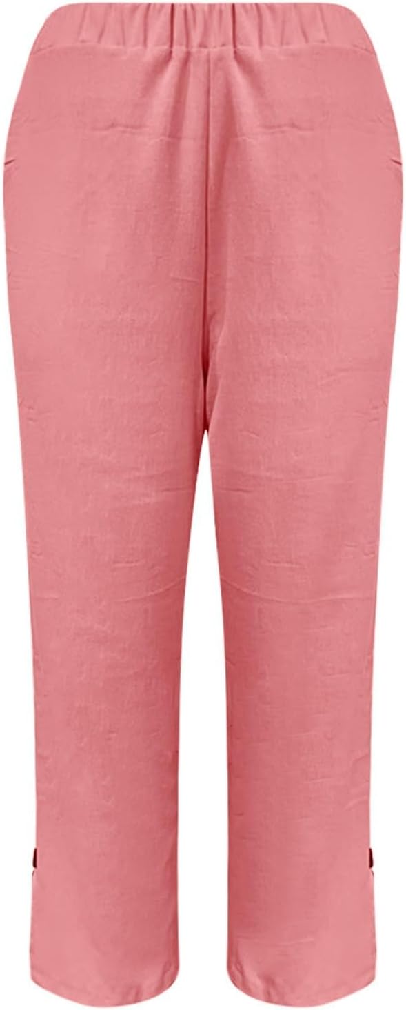 Cotton Linen Pants for Women Casual High Waisted Side Slit Pull On Straight Leg Trousers with Pockets Fall Clothes