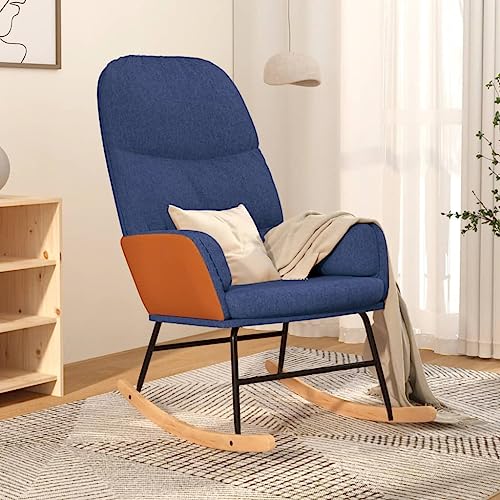QUAHEAS Mecedora de tela azul con acolchado y reposabrazos, sillón balancín ergonómico de madera y metal, 70 x 79 x 105 cm, ideal para relajarse, leer y relajarse en el salón o dormitorio