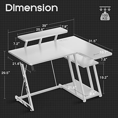 Motpk Gaming Desk L Shaped, Small Corner Desk With Storage Shelf & Power Outlets, Computer Desk With Monitor Shelf, L Shaped Desk With Carbon Fiber Surface, Gamer Desk Gaming Table, White, 39 Inch #TOP2
