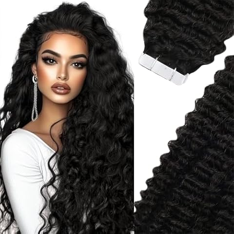 Sunny Hair Tape in Curly Extensions Human Hair 24inch Black Curly Hair Extensions Tape ins Natural Black Tape in Hair Extensions Kinky Curly Tape ins for Long Hair 50G Cover