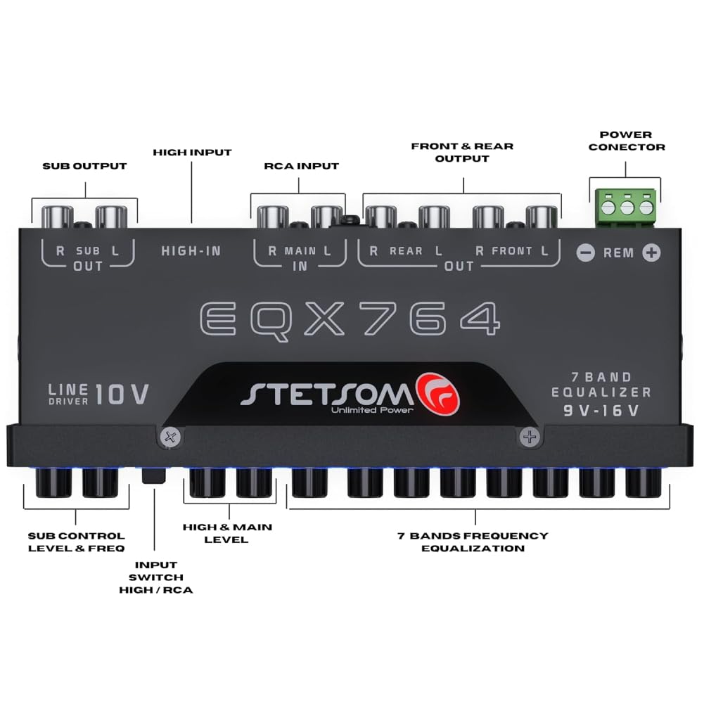 Genérico Kit Set para Stetson EQX764, 1 Ecualizador preamplificador de 7 Bandas, Ecualizador, Crossover, ultradelgado, Listo para Auto, 1 Unidad + Accesorios Gratis