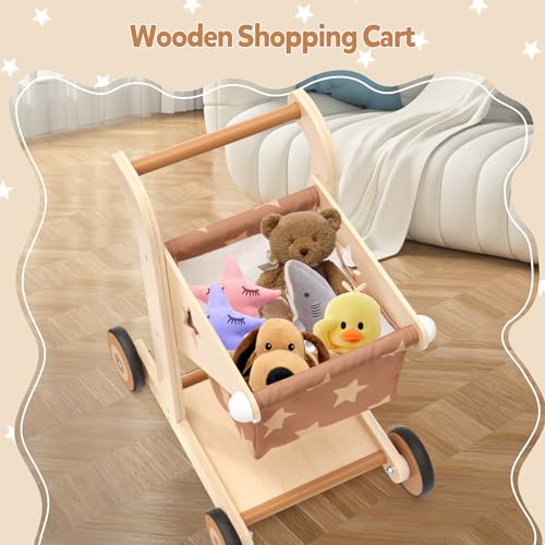 Asweets 2 in 1 Wooden Baby Walker Push and Pull Doll Stroller, Shopping Cart Learning Walker for Boys and Girls, Sit Stand Learning Toddler Toy (Brown) - Thumbnail 7