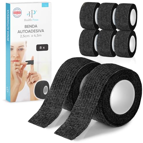Health Press® Venda autoadhesiva para los dedos - 8 rollos negro (2,5 cm x 4,5 m) | Venda elástica para los dedos | Venda para los dedos resistente al polvo, la grasa y la suciedad