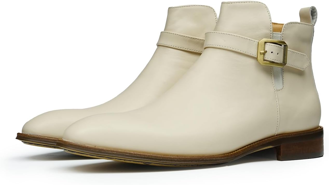 Santimon Men's Genuine Leather Dress Casual Chelsea Boots- Fashion Ankle Boots with Buckle Strap & Side Zipper,Stacked Heel, Business Casual,Prom Wedding & Formal Footwear