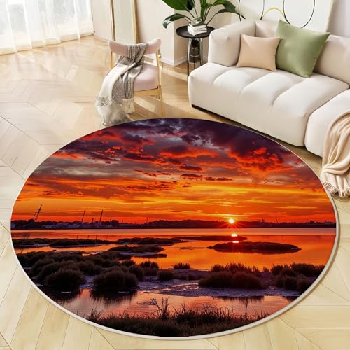 MLSOWM Tappeto Rotondo a Pelo Corto 120cm Tappeto Tramonto Sul Lago Lavabile Tappeti Rotondi Canne E Paludi Antiscivolo per Camera da Letto Soggiorno Scendiletto Ufficio, Arancia
