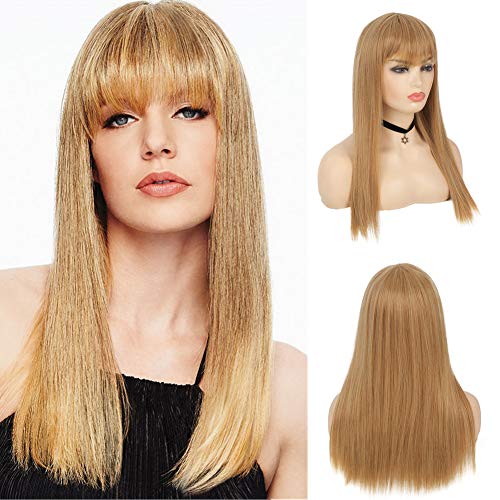 Swiking Honey Blonde Long Straight Wigs for Women with Bangs Synthetic Wig Heat Resistant Natural Looking Full Wigs for Daily Party Cosplay