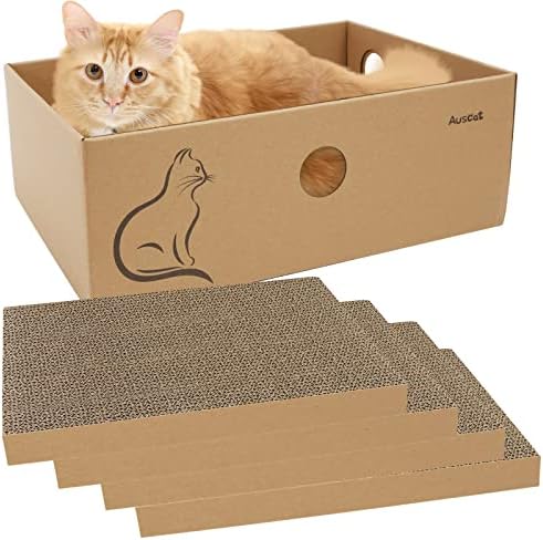 （06:30時点） AUSCAT 猫爪とぎ 猫用段ボールつめとぎ 取り換え用爪研ぎ4枚入り 猫ベッド兼用 箱型 37×27×13CM