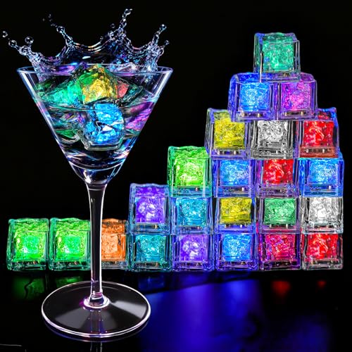 Light Up Ice Cubes 32 Pack Multi Color Led Ice Cubes for Drinks IP67 Waterproof Reusable Glowing Flashing Changing Lights Water Activated Drink Lights for Cocktails Christmas Party Bar Wedding