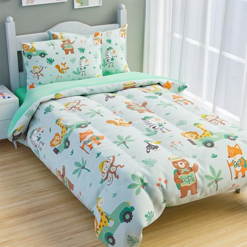 Image of SANDJEST Jungle Animal Comforter Set Full Size 98x86in for Kids Boys, Microfiber 4 Pcs Bedding Set Includes 1 Comforter, 2 Pillowcases, 1 Fitted Sheet, Nursery Room Decor