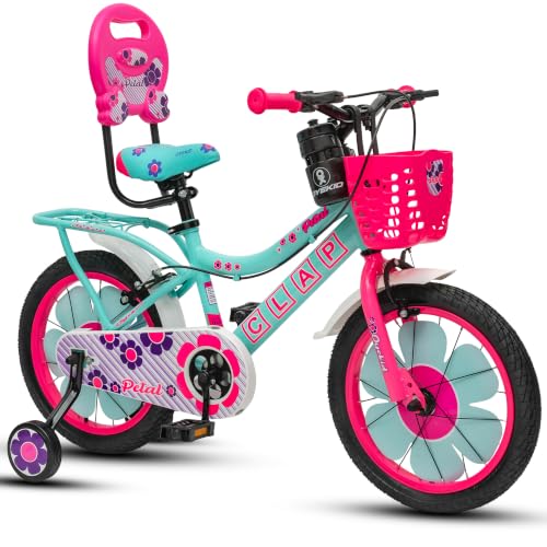 Image of Petal 16T Kids Bicycle with Training Wheels | Backrest, Basket & Full Chain Cover | Ideal for Girls Aged 5-7 Years (Sea Green-Pink, 16T)