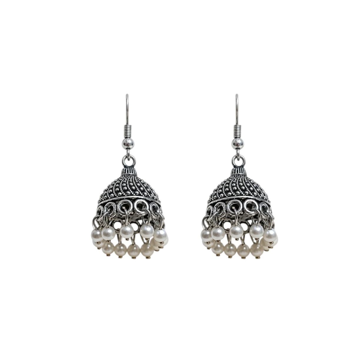 Women's & Girls Traditional Oxidised Silver-Plated Jhumka Earrings Elegant Small Size Jhumka/Jhumki Dangler with Pearl Drops Boho Style Jewellery For Wedding-image-37