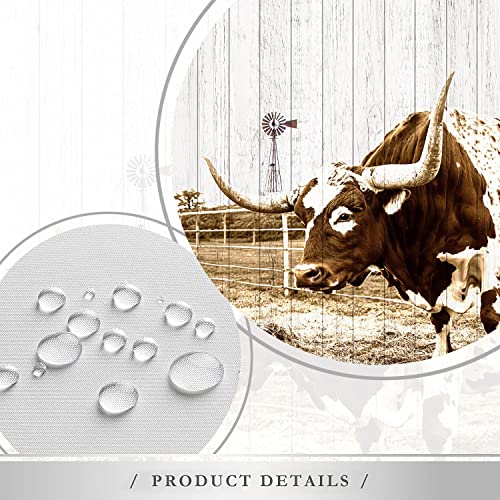 Longhorns Cow Shower Curtain Rustic Farmhouse Texas Cattle Wooden Fence Windmill Western Country Farm Animal Grass Rural Utah Usa Brown Fabric Bath Curtains Bathroom Polyester With Hooks 70X70Inch #TOP3