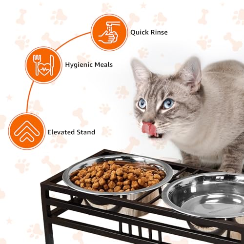 Image of amazon basics, Pet Feeder | Stainless Steel Food & Water Bowls with Stand | Dog Bowls | Elevated Double Diner with Stand | Large Size (1600 ml x 2 Bowl) (Black)
