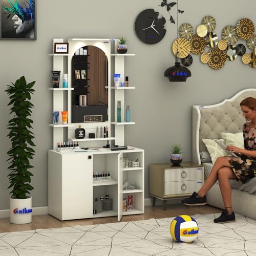 Image of Anikaa Venza Engineered Wood Dressing Table with Wall Mounted Mirror & LED Lights Open Shelf | Makeup Vanity Storage Cabinet with Soft Closed Hinge Door for Bedroom -(White) DIY Installation