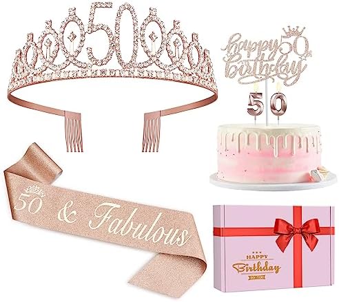 50th Birthday Gifts for Women, Including 50th Birthday Crown/Tiara, Sash, cake topper and Candles, 50th birthday decorations women
