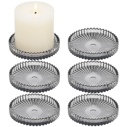 HofferRuffer Kaarsenhouder van glas, set van 6, 10 cm ronde kandelaar, kandelaar voor stompkaarsen, theelichtjes, grijs