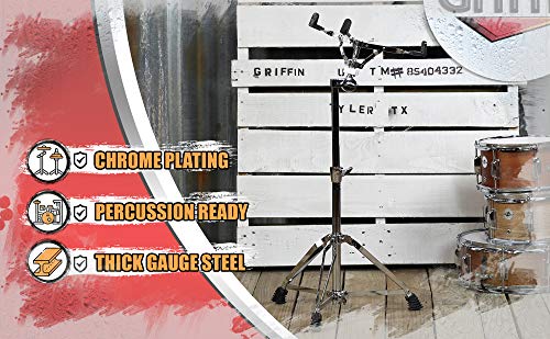 Extended Height Snare Drum Stand By Griffin | Tall Adjustable Height Snare Stand For Practice Pad | Concert Stand Up Drum Mount Holder With Basket Clamp | Double Braced Percussion Chrome Drum Hardware #TOP6