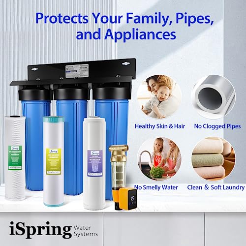 Image of iSpring Whole House Water Filter System w /Auto-Flushing Spin Down Sediment Filter, Water Descaler, GAC+KDF, and Carbon Block Filter, WGB32B-KDS+WSP50ARB