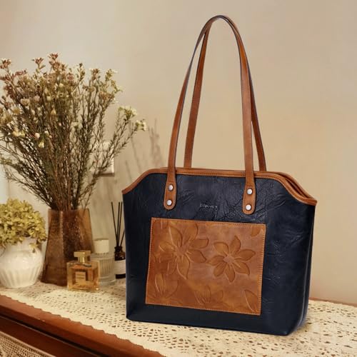 Image of Tote Bag for Women,Large Capacity Straw&Vegan Leather Tote Purses for Women,Shoulder Bags For Daily Travel Work Beach