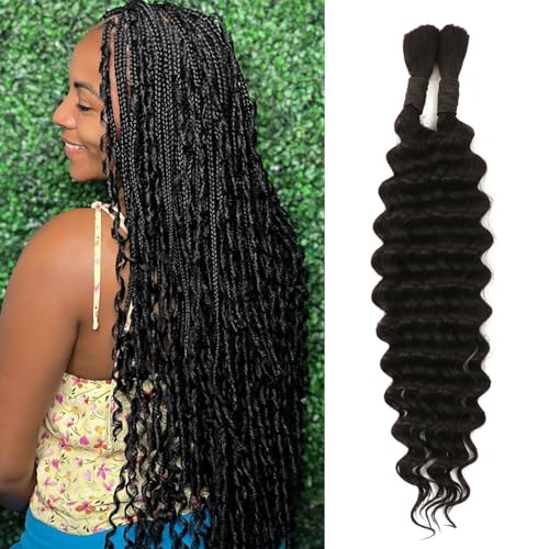 Boho Braids Human Hair Extensions 100g 2 Bundles No Weft Human Braiding Hair for Knotless Braids Wet and Wavy Deep Wave Bulk Human Hair For Women (1B# 18 Inch(50g/Bundle x2))