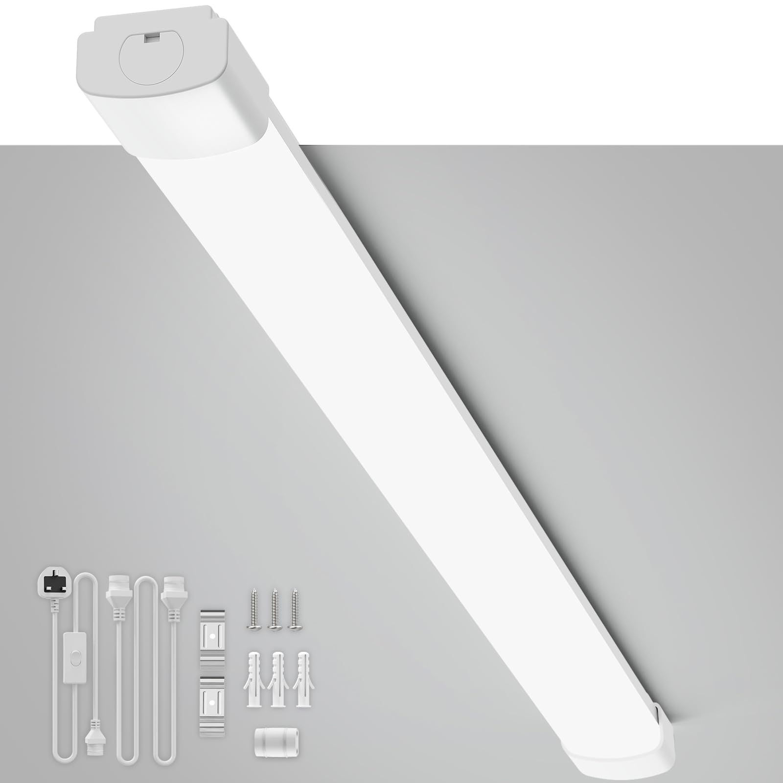 Plug in LED Batten Light 5ft 6500K Daylight 45W 5000LM, IP65 Waterproof, Linkable Plug in Ceiling Lights for Garage Office Kitchen Workshop Warehouse Shed Loft, Corded Electric with Built-in Switch