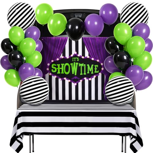 Panelee 36 Pcs Halloween Trunk or Treat Car Decorations Kit Black and White Striped Backdrop Decorations Striped Flag and Tablecloth 34 Aluminum Balloon for Outdoor Garage Door Party Supplies