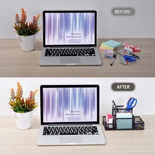 Metal Mesh Desk Organizer - Pen Holder - Paper Holder - Office Supplies - Accessories Storage Organizer for Home School - Black - 4 Sections - Black