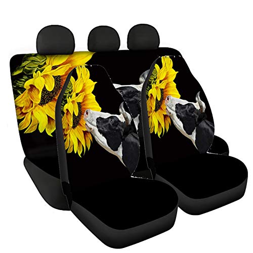 PHAYON Cow Sunflower Print 2 Pieces Front Car Seat Covers+2 Pieces Back Seat Covers Full Set Back Auto Pet Dog Protector Pads Auto Accessories Universal Fit for SUVs,Trucks,Vans,Cars
