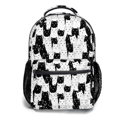 Ancordivo Mochila fofa com estampa de gato preto e branco com tema de gato, mochila escolar, estampa de animais divertidos, ombros universitários, mochila para viagens, caminhadas, acampamento