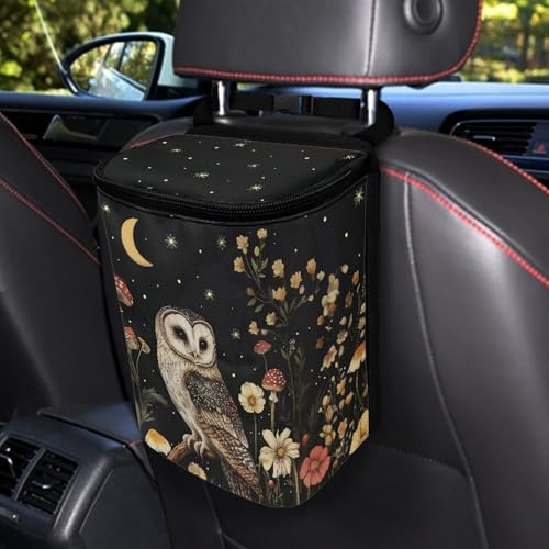 Image of Talayituse Owl Mushroom Daisy Flower Print Car Trash Bin, Large Size Auto Trash Can Adjustable Portable Garbage Can with Lid, Vehicle Hanging Bag for Headrest Front Back Seat