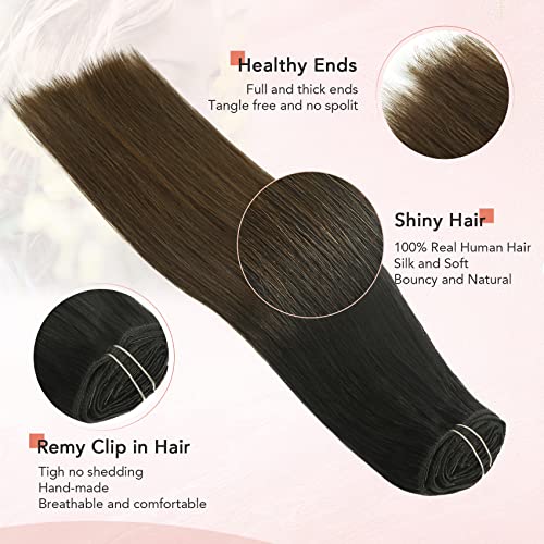 Clip In Hair Extensions Human Hair Ombre Hair Natural Black Fading to Medium Brown Brazilian Hair 120g 7pcs Per Set Remy Hair Full Head Silky Straight Human Hair Clip In Extensions(14 Inch #1BT4)