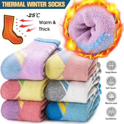 Kids Merino Wool Hiking Socks Boys Girls Toddler Thermal Winter Warm Thick Cushioned Moisture Wicking Socks 6 Pairs2