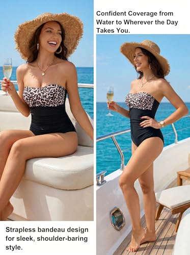Image of Smismivo Tummy Control Swimwear Strapless One Piece Swimsuit Ruched Bathing Suits for Women Slimming Bandeau Tube Top Bikini