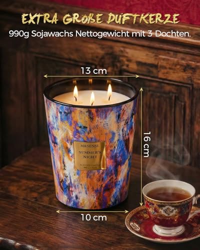 M&SENSE Große Duftkerze im Glas, Sommernacht Scented Candle, 150 Stunden Brenndauer mit 3 Dochten, XXL-Kerze aus 990g Sojawachs zur Entspannung, Geschenk für Frauen, Weihnachten, Geburtstag, Muttertag