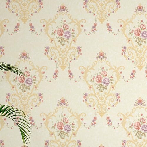 Image of wolpin Non-Woven Wallpaper Non-Adhesive (53 x 950 CM) (Cream) | Floral Damask Design with Texture and Subtle Cream Color | Decorative Wall Covering for Home Interior (54.18 Sq Ft)