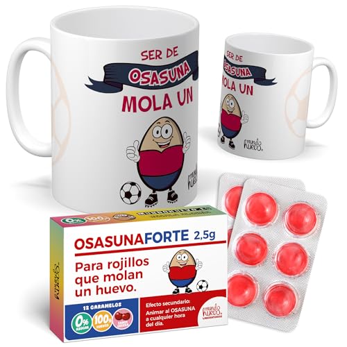 Pack Osasuna | Ser del Osasuna Mola un Huevo+ caramelos OsasunaForte | Frase Especial para Aficionados | Regalo Original fútbol | Osasuna Nunca se Rinde |Taza de Desayuno | Taza de Cerámica 350ML