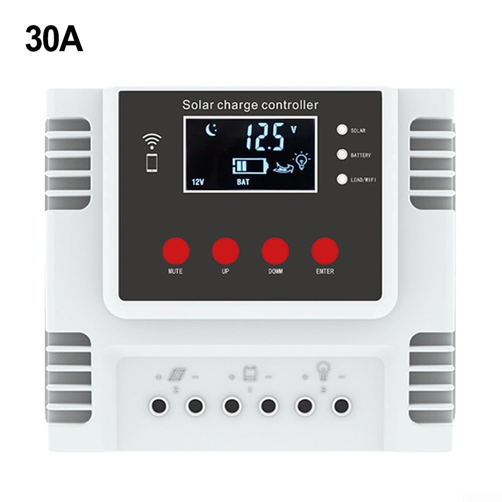 Controlador de carga solar de 30 A, 40 A, 50 A, 60 A, para PWM con pantalla LCD, control de aplicación, USB dual para batería de ácido de litio LiFePO4, sistema fuera de la red, color blanco (30 A)