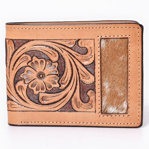 Floral Genuine Leather Rodeo Bifold Wallet For Men Women Tan Flower Hand Carved & Tooled2