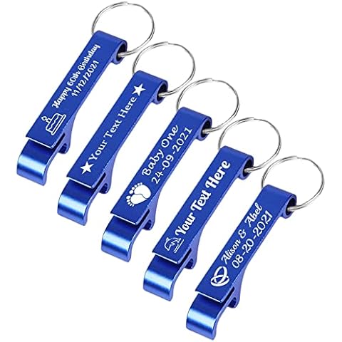 BYWEXCLESD Personalised Bottle Opener Keyring Custom Bottle Opener Keychain Bulk for Men Boyfriend Wedding Favors Party Free Engraving Logo Name Text 5Pcs, Blue Cover